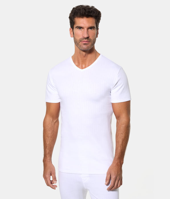Abanderado Camiseta Térmica Manga Corta Cuello Pico Algodón 100% blanca hombre