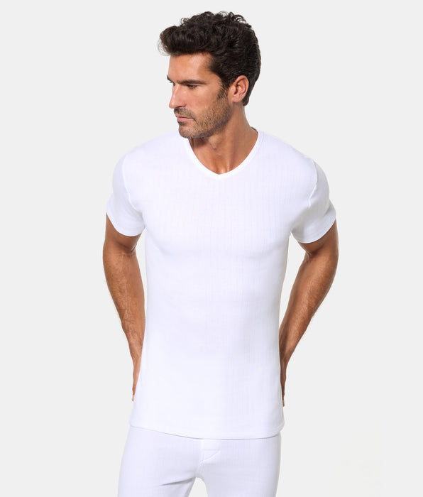 Abanderado Camiseta Térmica Manga Corta Cuello Pico Algodón 100% blanca hombre
