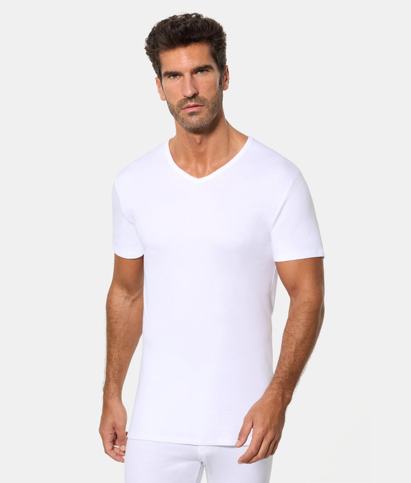 Abanderado Camiseta Térmica Manga Corta Cuello Pico Algodón 100% blanca hombre