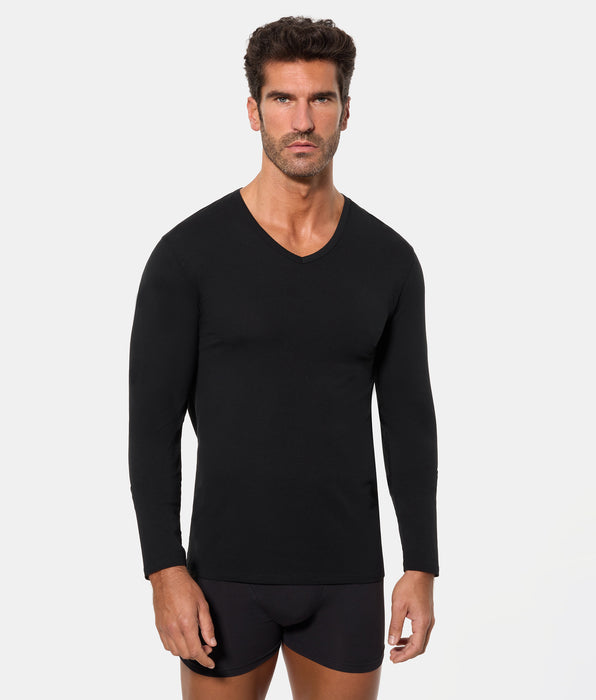 Abanderado Camiseta de Manga Larga Cuello Pico Tecnología Termorreguladora Regul'activ Algodón Elástico negra hombre