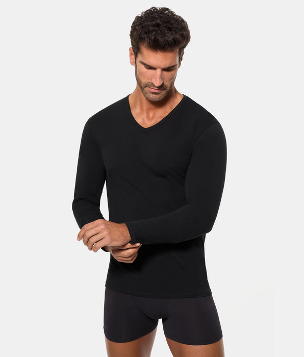 Abanderado Camiseta de Manga Larga Cuello Pico Tecnología Termorreguladora Regul'activ Algodón Elástico negra hombre
