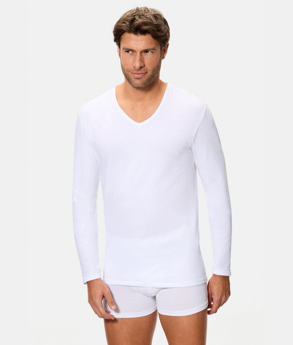 Abanderado Camiseta de Manga Larga Cuello Pico Tecnología Termorreguladora Regul'activ Algodón Elástico blanca hombre