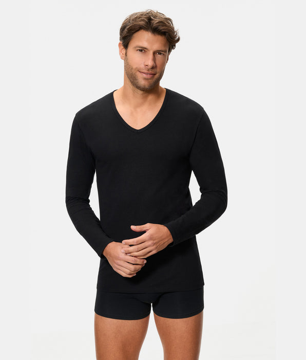 Abanderado Camiseta de Manga Larga Cuello Pico Tecnología Termorreguladora Regul'activ Algodón Elástico negra hombre