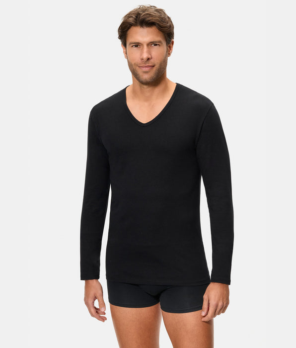 Abanderado Camiseta de Manga Larga Cuello Pico Tecnología Termorreguladora Regul'activ Algodón Elástico negra hombre